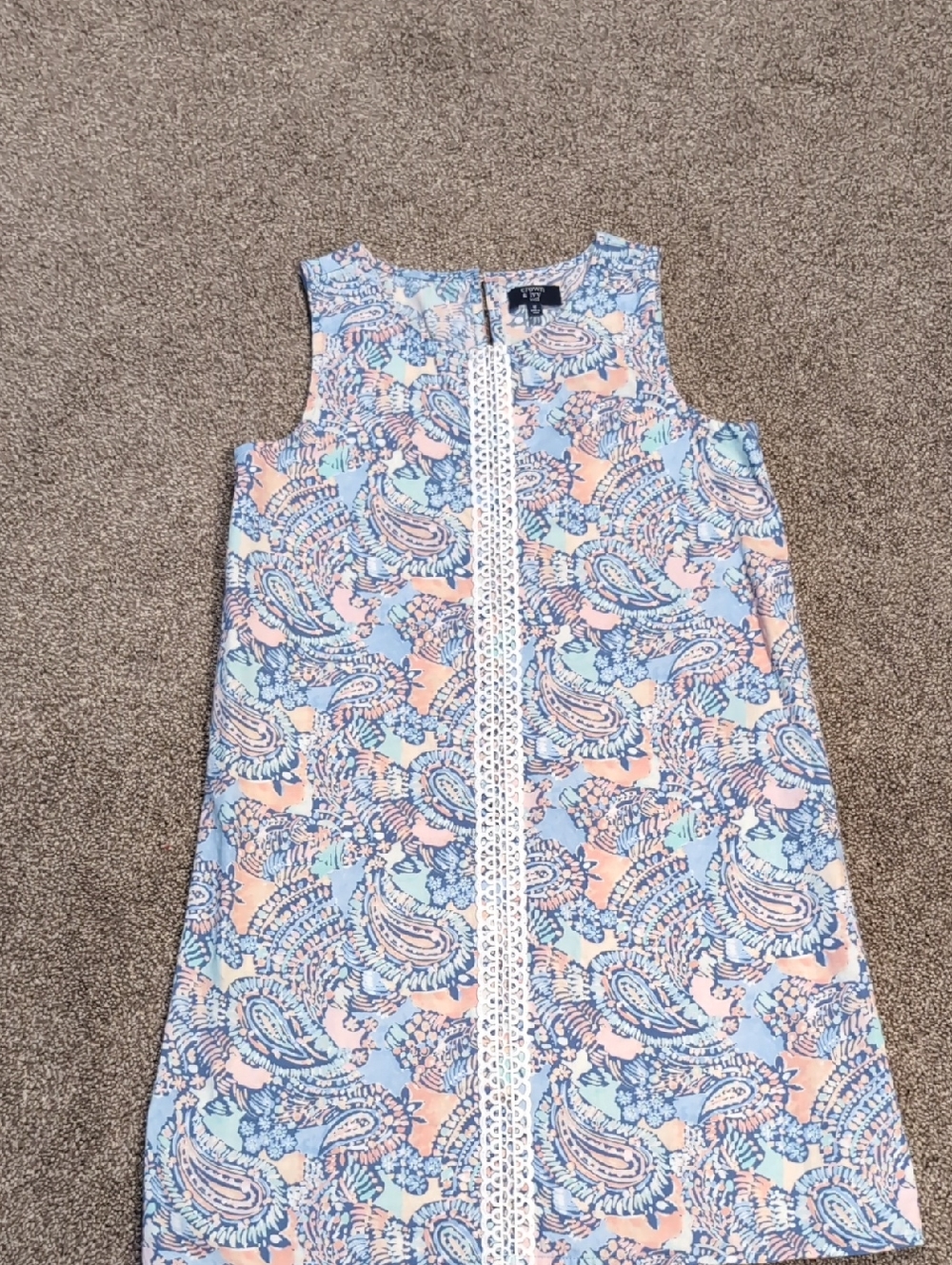 Sleeveless Paisley Shift Dress with Lace Trim - Blue & Peach